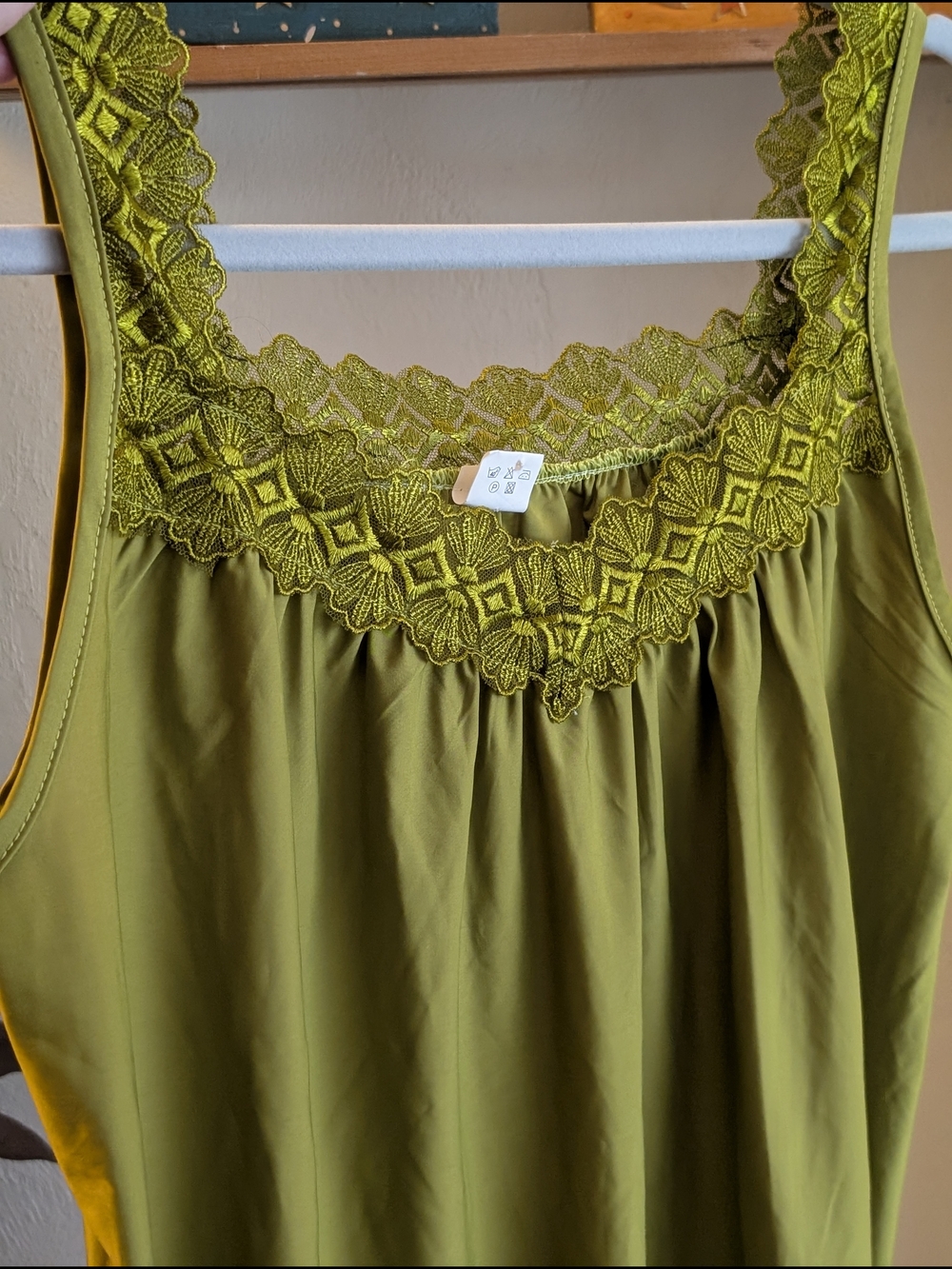 Earthy Green Satin Lace Trim Tank Top